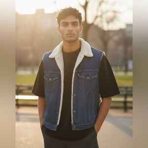 Vintage 1980s Levis Trucker Jean Blue Denim Sherpa Lined Vest Made In USA 40R